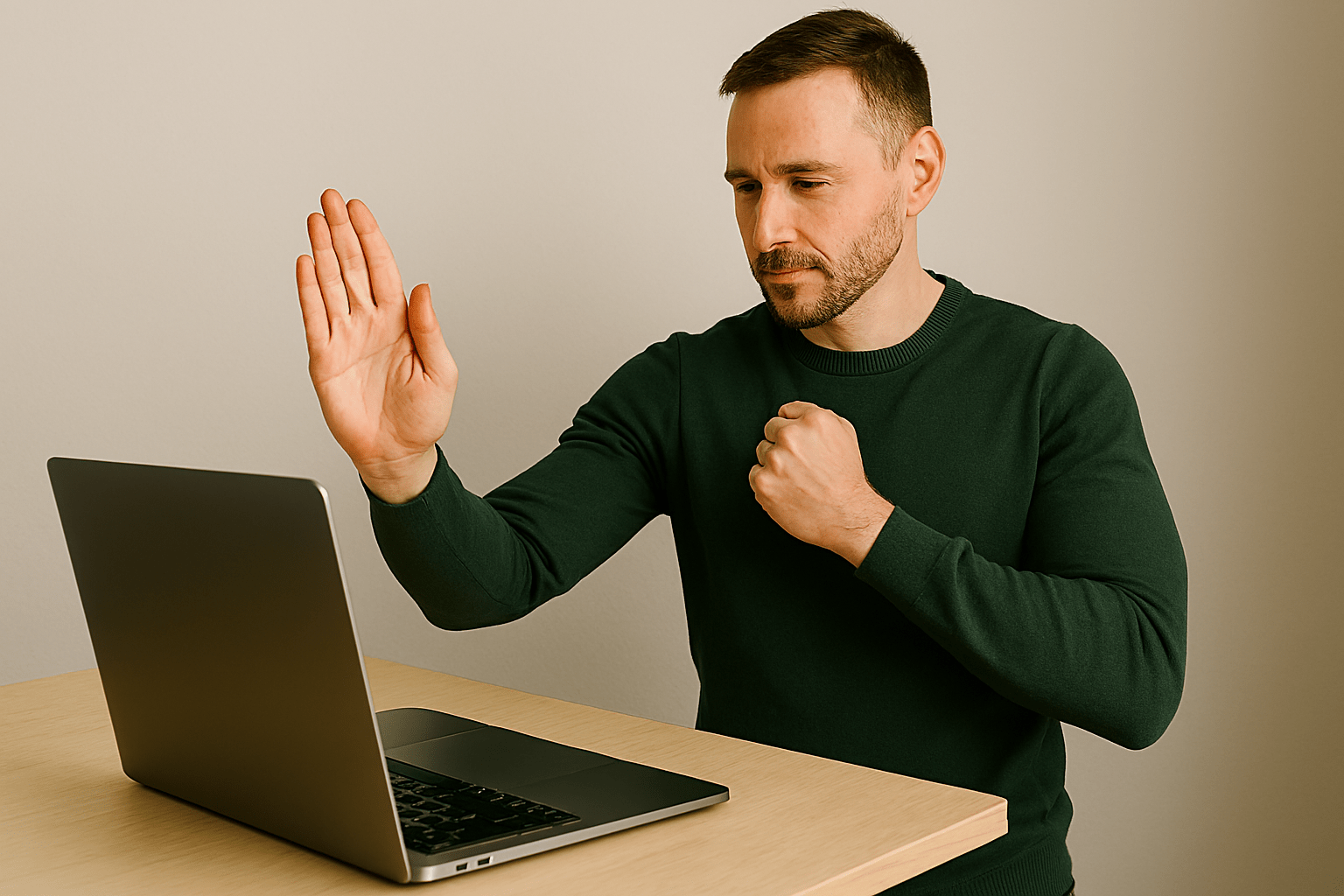 A Caucasian man with palm
